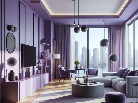 Woonkamer in kleur RAL 4008 Signaalviolet
