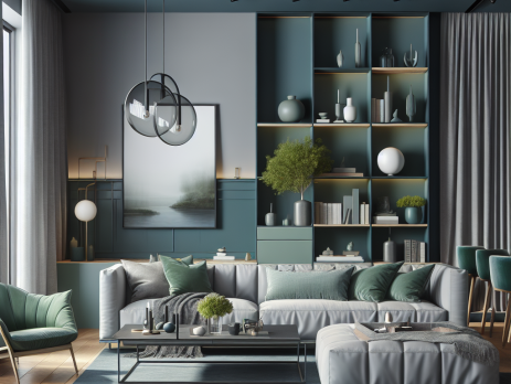 Woonkamer in kleur RAL 6004 Blauwgroen