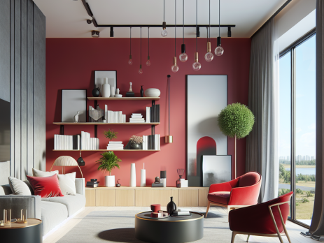 Woonkamer in kleur RAL 3002 Karmijnrood