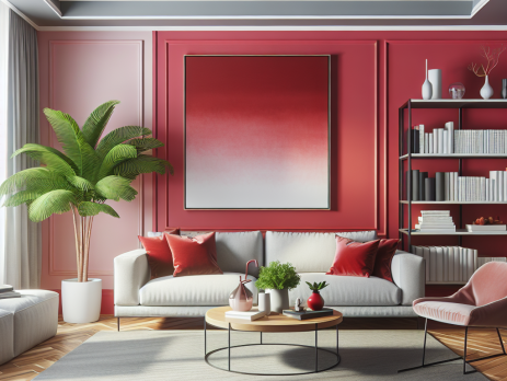 Woonkamer in kleur RAL 3018 Aardbeirood