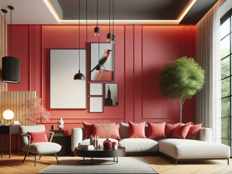 Woonkamer in kleur RAL 3026 Luminous Bright Red