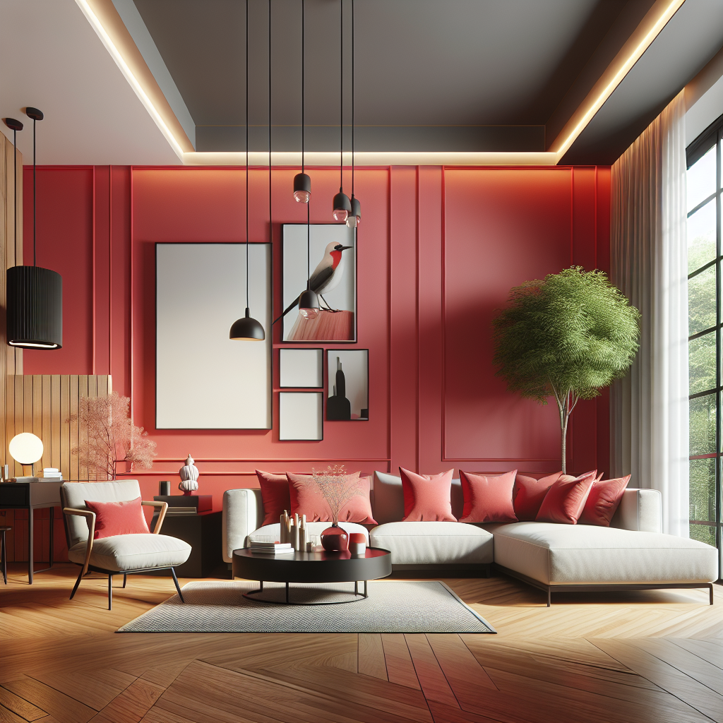 Woonkamer in kleur RAL 3026 Luminous Bright Red