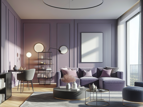 Woonkamer in kleur RAL 4012 Parelmoer Violet