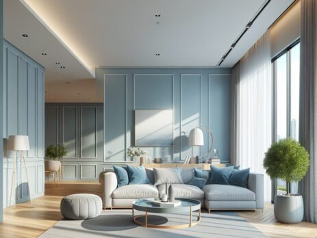 Woonkamer in kleur RAL 5012 Lichtblauw