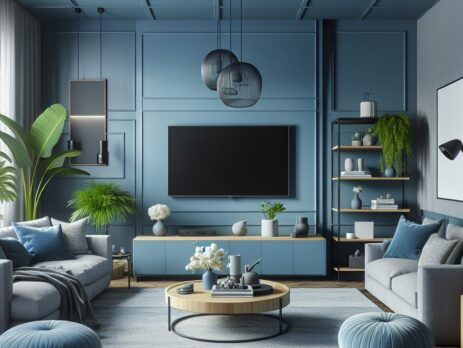 Woonkamer in kleur RAL 5014 Duifblauw