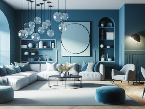 Woonkamer in kleur RAL 5020 Oceaanblauw