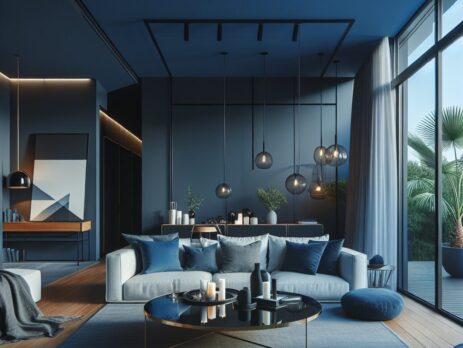Woonkamer in kleur RAL 5022 Nachtblauw