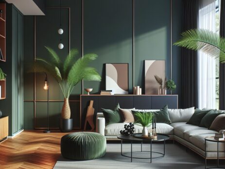 Woonkamer in kleur RAL 6008 Bruingroen