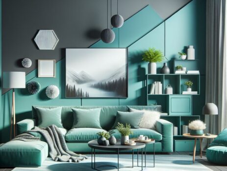 Woonkamer in kleur RAL 6016 Turkooisgroen