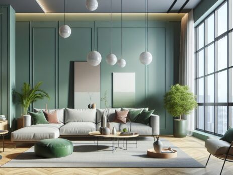 Woonkamer in kleur RAL 6026 Opaalgroen