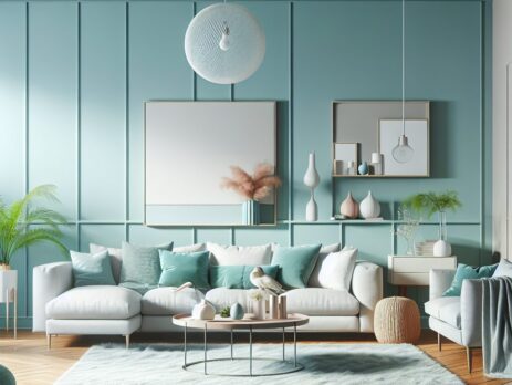 Woonkamer in kleur RAL 6034 Pastelturquoise