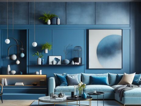 Woonkamer in kleur RAL 5007 Briljantblauw