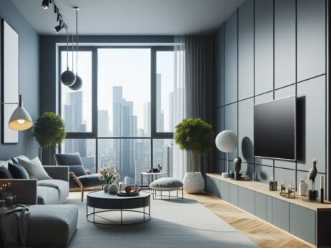Woonkamer in kleur RAL 5008 Grijsblauw
