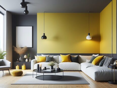 Woonkamer in kleur RAL 7034 Geelgrijs