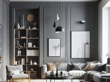 Woonkamer in kleur RAL 7037 Stofgrijs